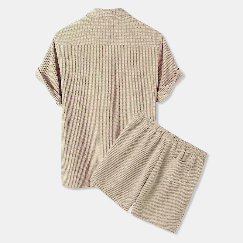 Summer Mens Shirt Sets Thin Corduroy Solid Breathable Short Sleeve Waffle Shirts & Shorts Men Set with Pocket Tracksuit