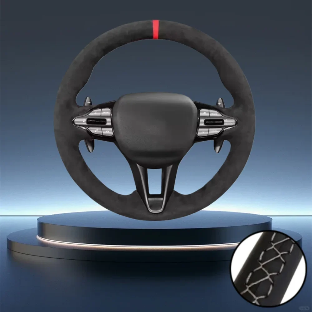 Luxury Hand-Stitched Non-Slip Suede Steering Wheel Cover in Black