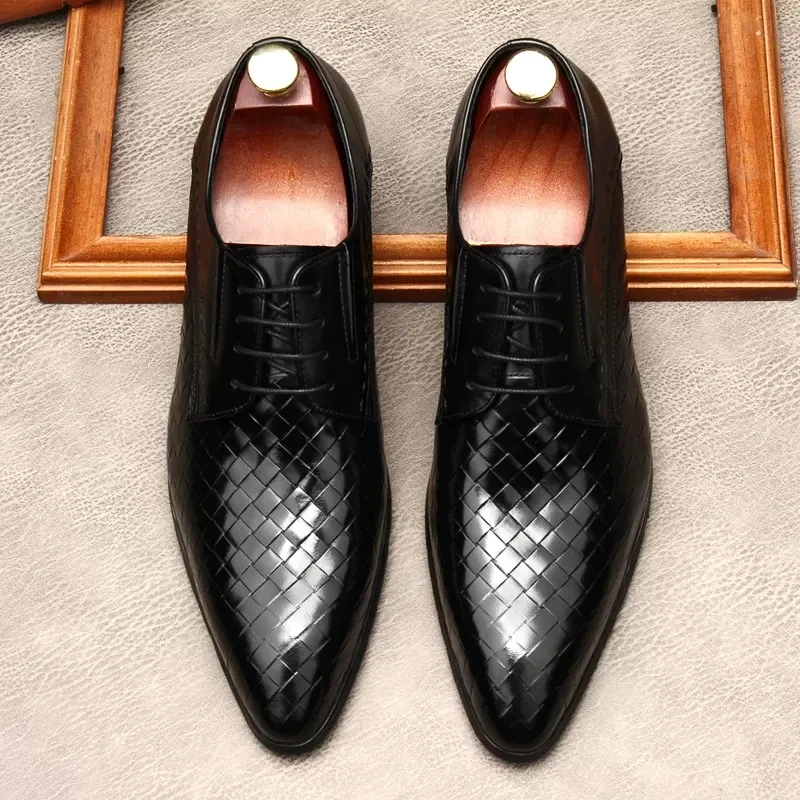 Men's Formal Genuine Leather Lace Up Iron Pointed Toe Snake Skin Dress Shoes