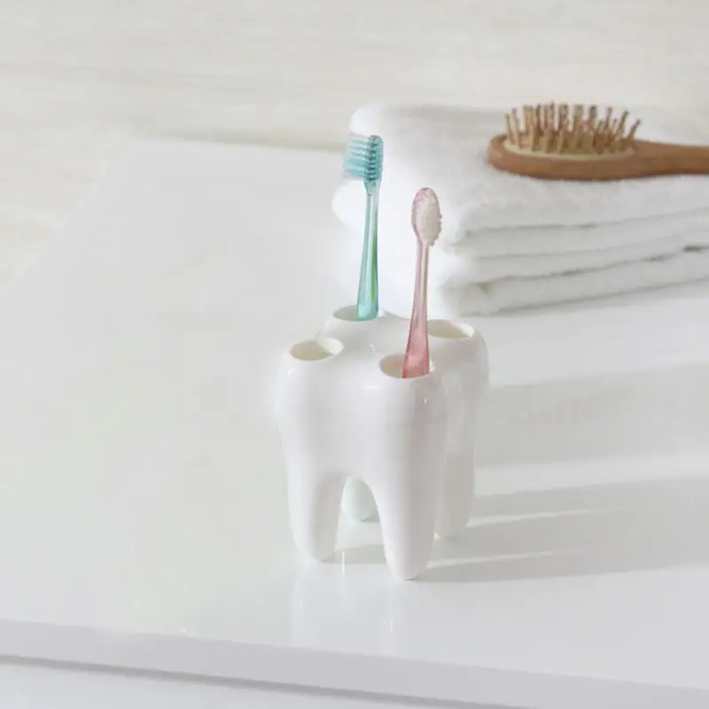 creative cartoon White Toothbrush Holder Stylish Tooth Shape Toothbrush Storage Desktop Accessories 4 Hole Stand
