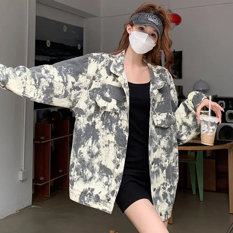 

2022 New Korean Loose Jacket Tie Dyed Denim Women's Fashion Lapel Short Free Shipping