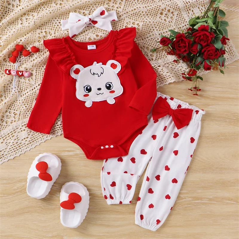 

0-18M Infant Girl Valentine's Day 3Pcs Outfit Long Sleeve Ruffled Romper with Heart Pants and Bow Headband Set