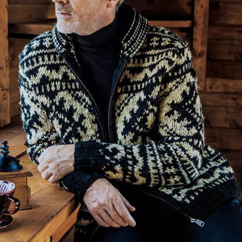 Men's Sweater Cardigan 2023 Autumn/Winter New Lapel Print Commuter Fashion Casual Large Size Sweater