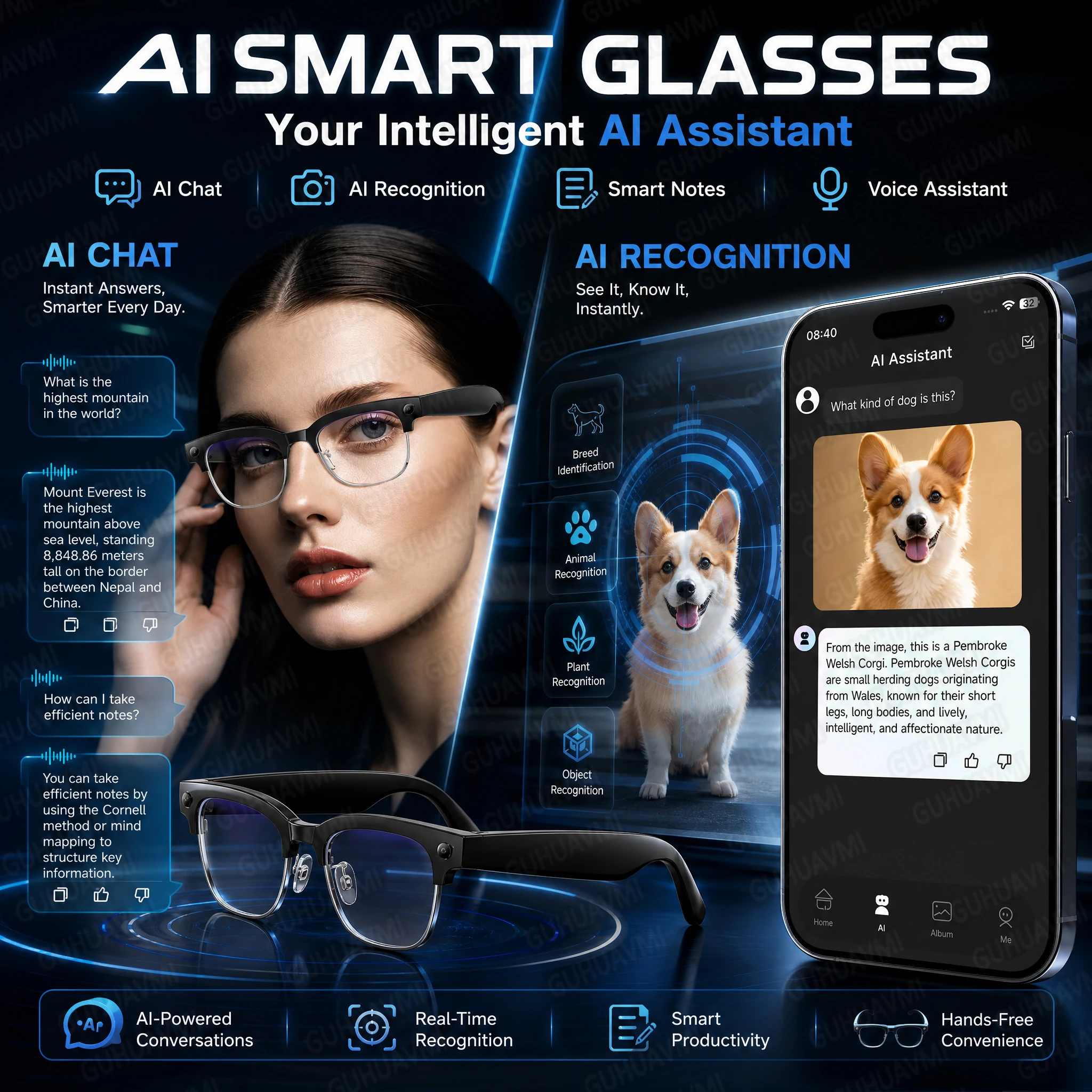 Nuovi Occhiali Smart AI con Traduzione Multilingue, Fotocamera da 800W Pixel, Lettore Video e Musica, Chiamate Business, Occhiali 8K con Cambio Colore per Uomo - immagine 2