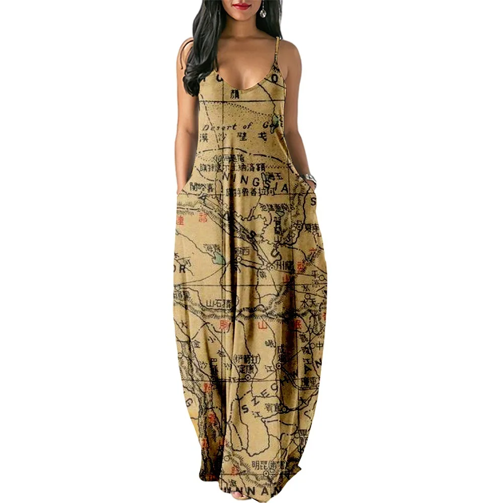 

Popular Youthful Beautiful Summer Women Dresses atlas Map 3D Print Sexy loose Slip Pocket Dress Party Dress Long Robe