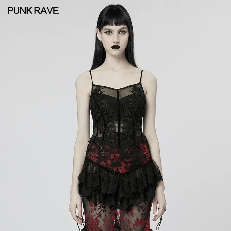 

PUNK RAVE Women's Gothic Sexy Elastic Mesh Perspective Camisole Delicate Party Club Black Tops Tanks Summer