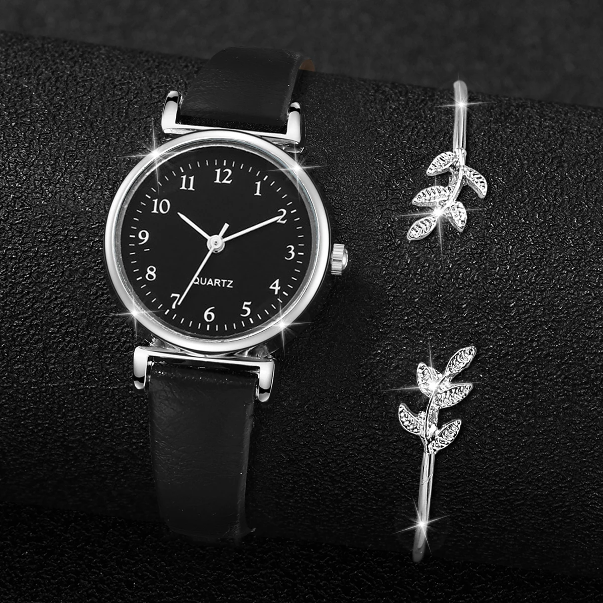2PCS/Set Women's Watches Fashion Small Arabic Dial Quartz Watch Casual Leather Band Wristwatches Bracelet Set（Without Box） 6