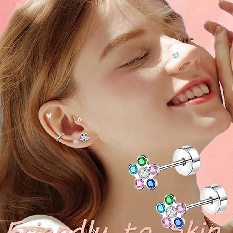 2Pcs Stainless Steel Ear Stud Heart Moon Earbone Small Flat Back Earrings for Women Helix Tragus Cartilage Body Piercing Jewelry