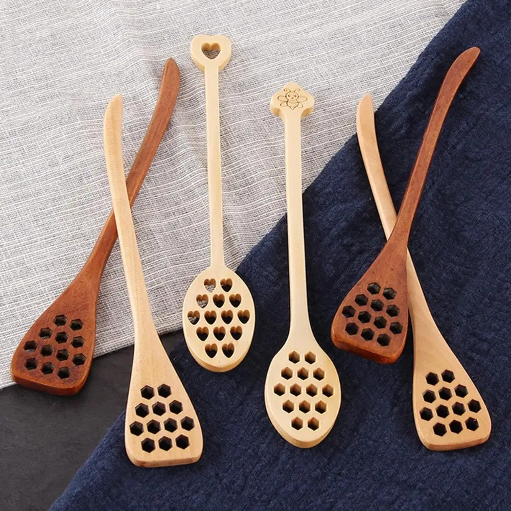 Wooden Spoon Glass Honey Dipper Sticks Wooden Honey Dipper Sever Mixing Stick Spoon Honeycomb Heart Pattern