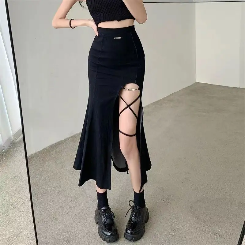 

High Split Long Skirts For Women Casual Harajuku Korean A Line Lace-up Skirt Denim Jupe Femme Black Maxi Skirt