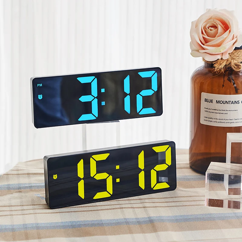 

LED Mirror Table Clock Digital Alarm Snooze Display Time Date Temperature 12/24H Desktop Electronic Clock for Bedroom Home Decor
