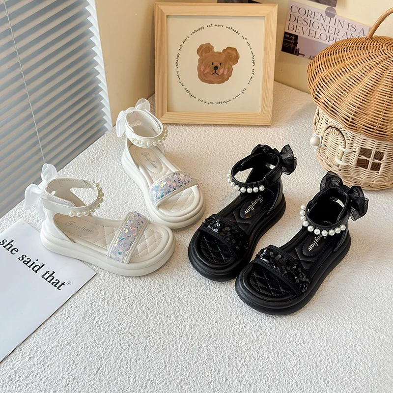 Kids Pearl Sequin High Top Sandals for Wedding Party