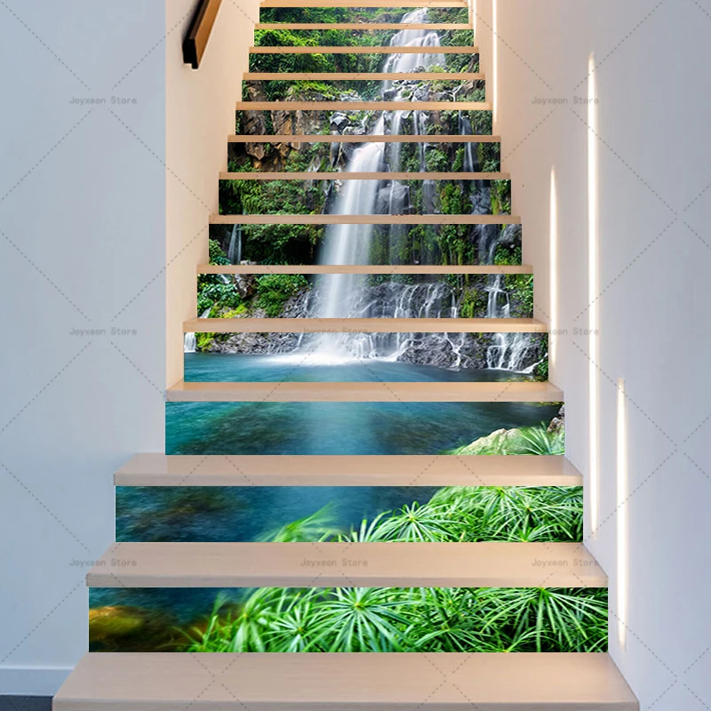6/13PCS Stair Stickers DIY Old House Renovation Landscape Waterfall Stickers Various Styles Removable Self-Adhesive Murals