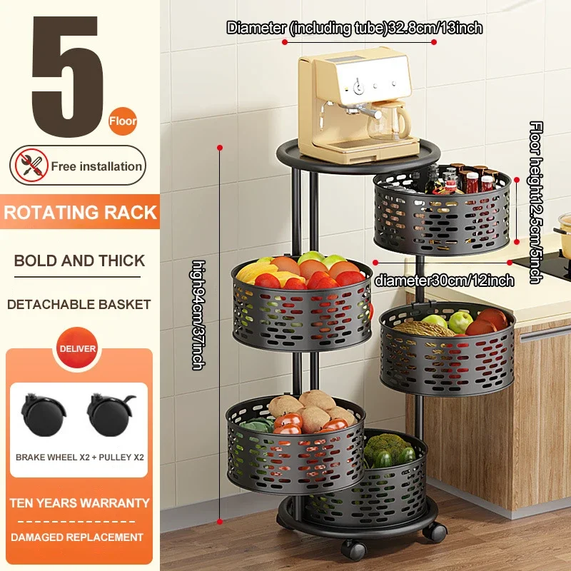 Stainless Steel 5 Layers Kitchen Bathroom Rotating Shelf Baskets Fruit Vegetable Storage Racks Floor Round Organizer with Wheels 5