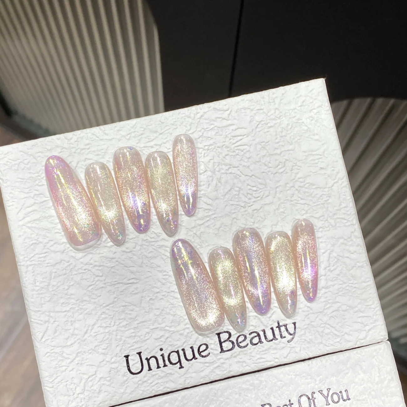 Glossy Gradient Cat Eye Press On Nails Long Oval False Nails_voghion.com