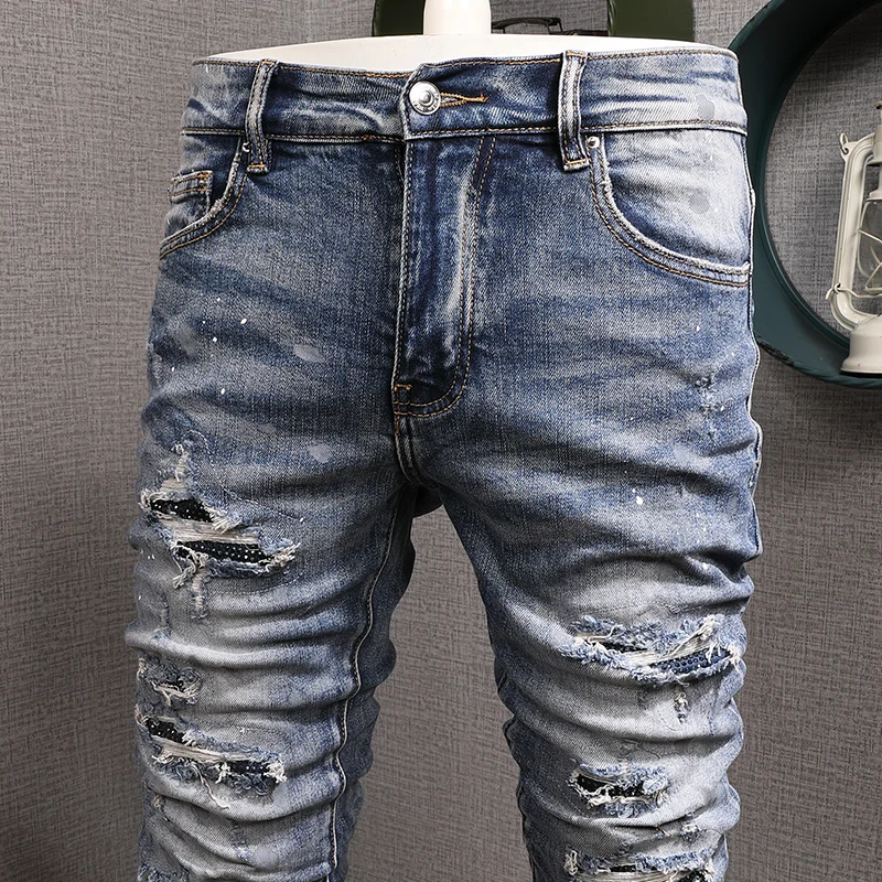 Street Fashion Men Jeans Retro Washed Blue Stretch Skinny Fit Ripped Jeans Men Painted Patched Designer Hip Hop Brand Pants