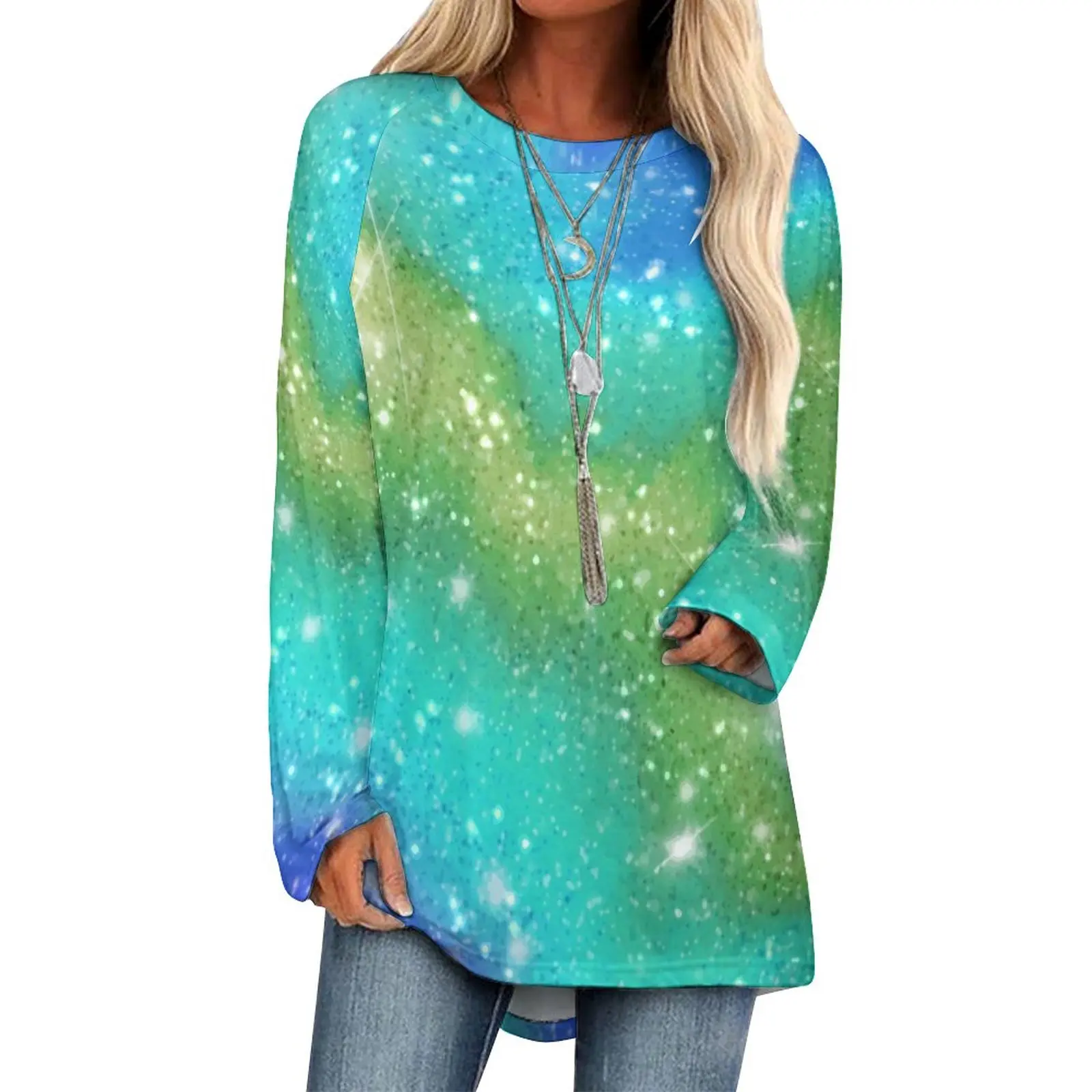 

Футболка Y2k Женская с длинным рукавом и круглым вырезом, радужная тенниска с 3D принтом, майка с блестками для выходных