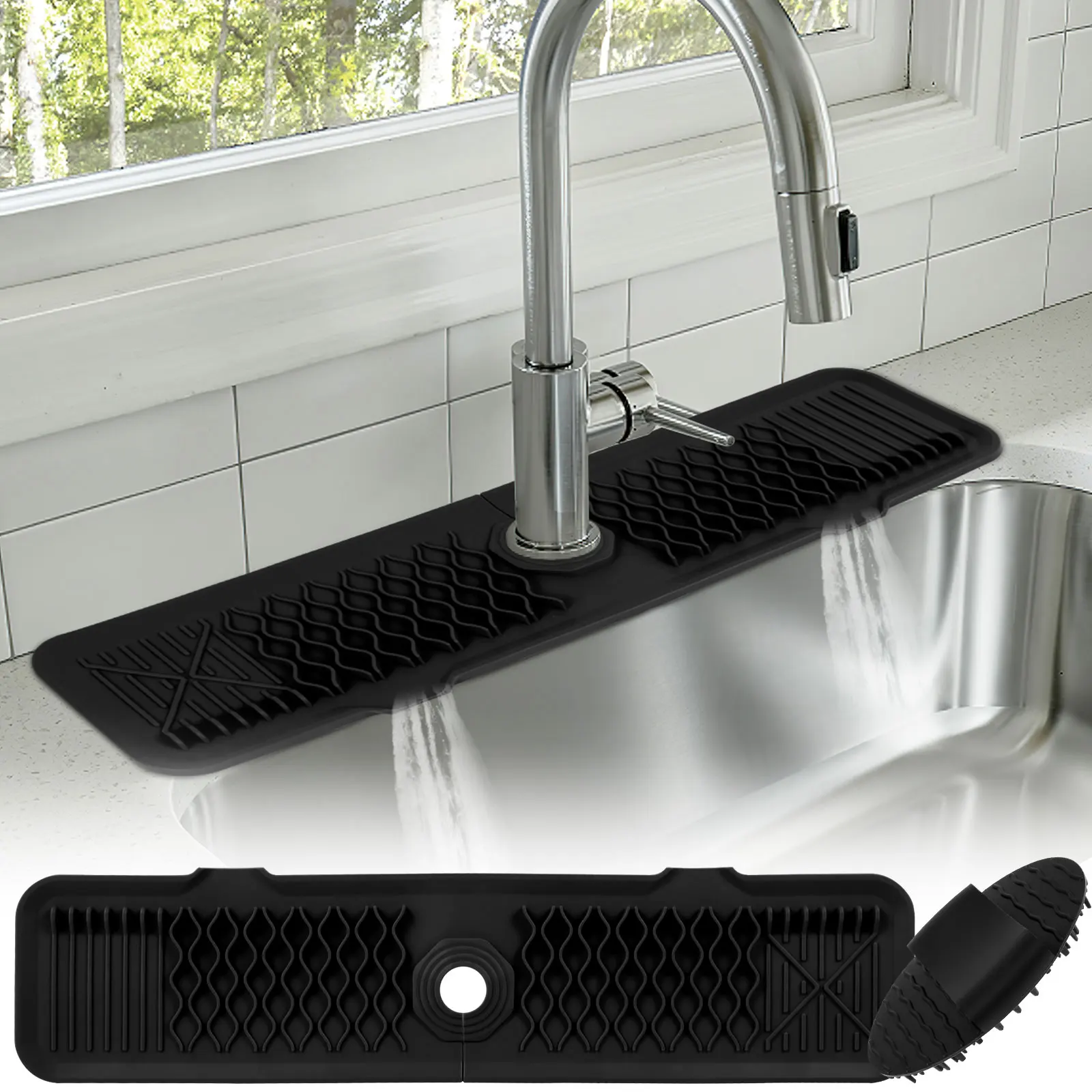 SiliconeFaucetMatKitchenSinkSplashGuardWithBrushFoldableFaucetHandleDripCatcher