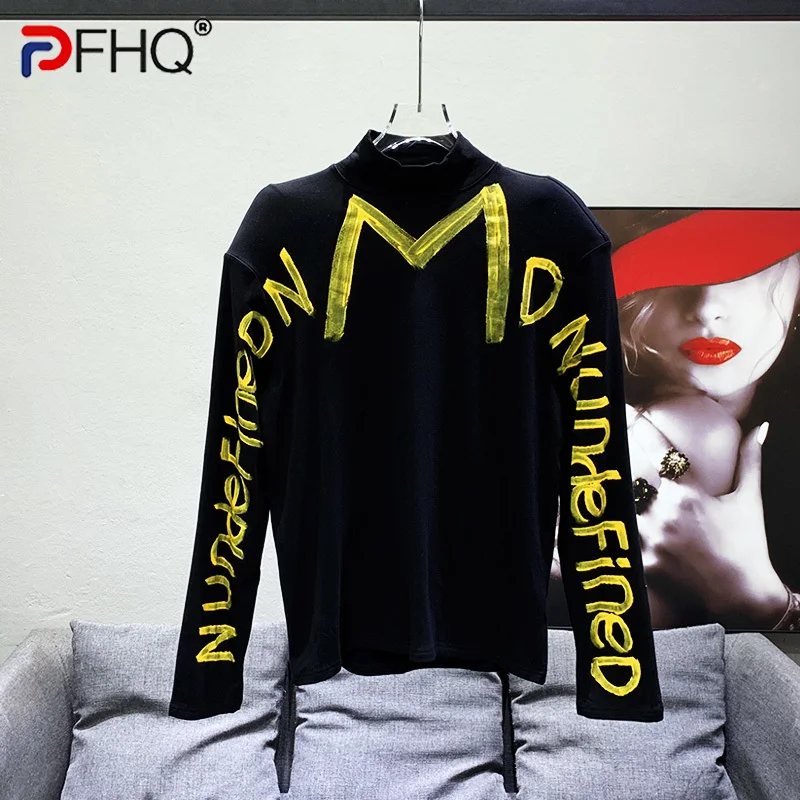 

PFHQ Men's Personalized Streetwear T-shirt Long Sleeve Letter Graffiti Half High Collar Underlay Shirt Creativity Autumn 21Z2917