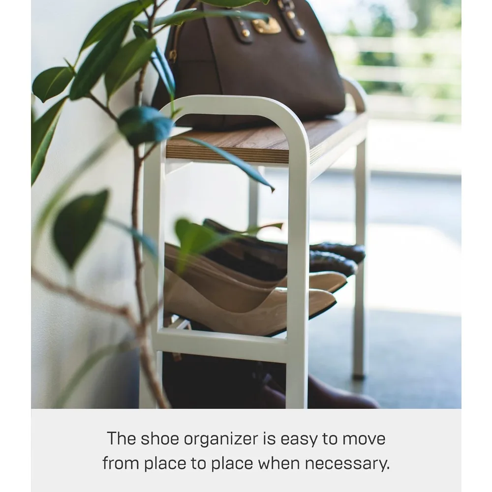 home tower shoe organizer rack with wooden top, storage table for entryway with handles, 18" - steel + wood - holds 4 pairs of