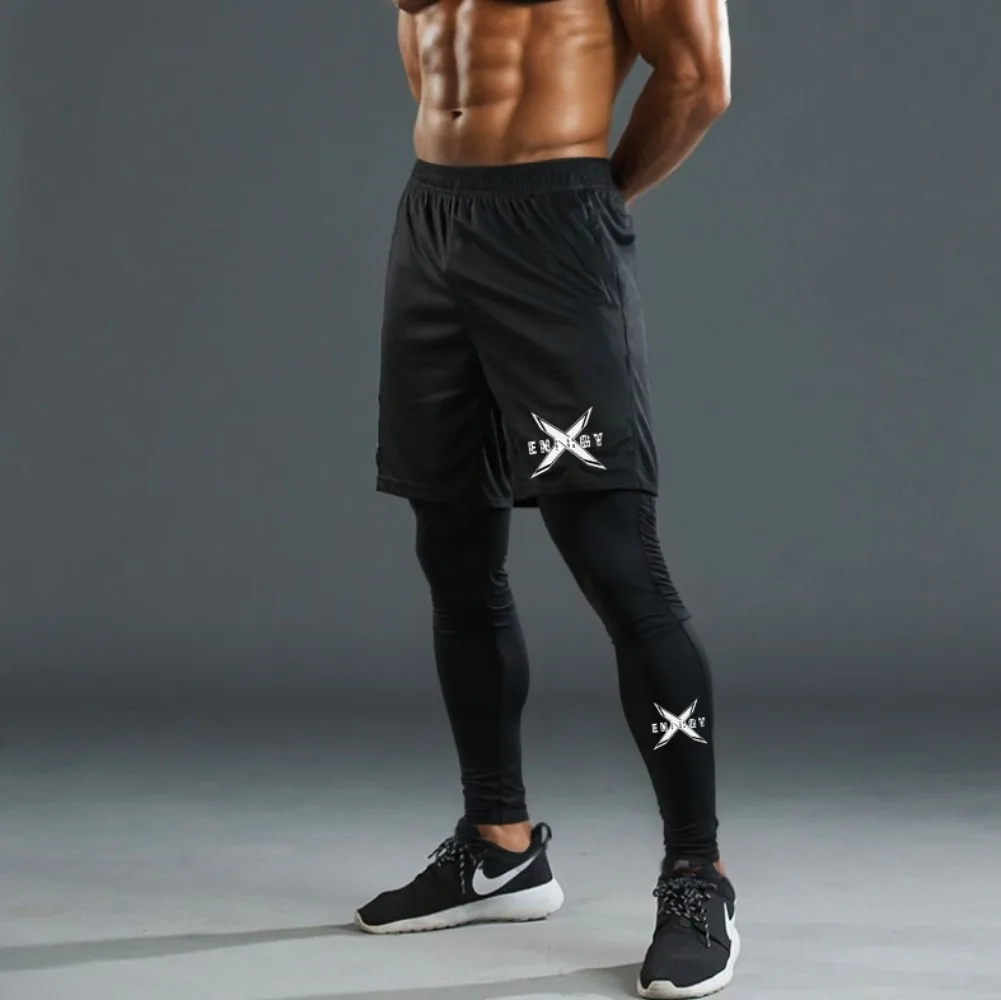 Compression Running Pants Men's 2 in 1 Quick Dry Athletic Workout Sweatpants Shorts Gym Leggings
