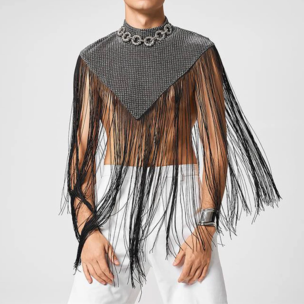 

Men Vests Tassel Patchwork Turtleneck Sleeveless Tops Sexy Club Party Cloak Ponchos Streetwear Fashion Irregular Tank Tops Cape