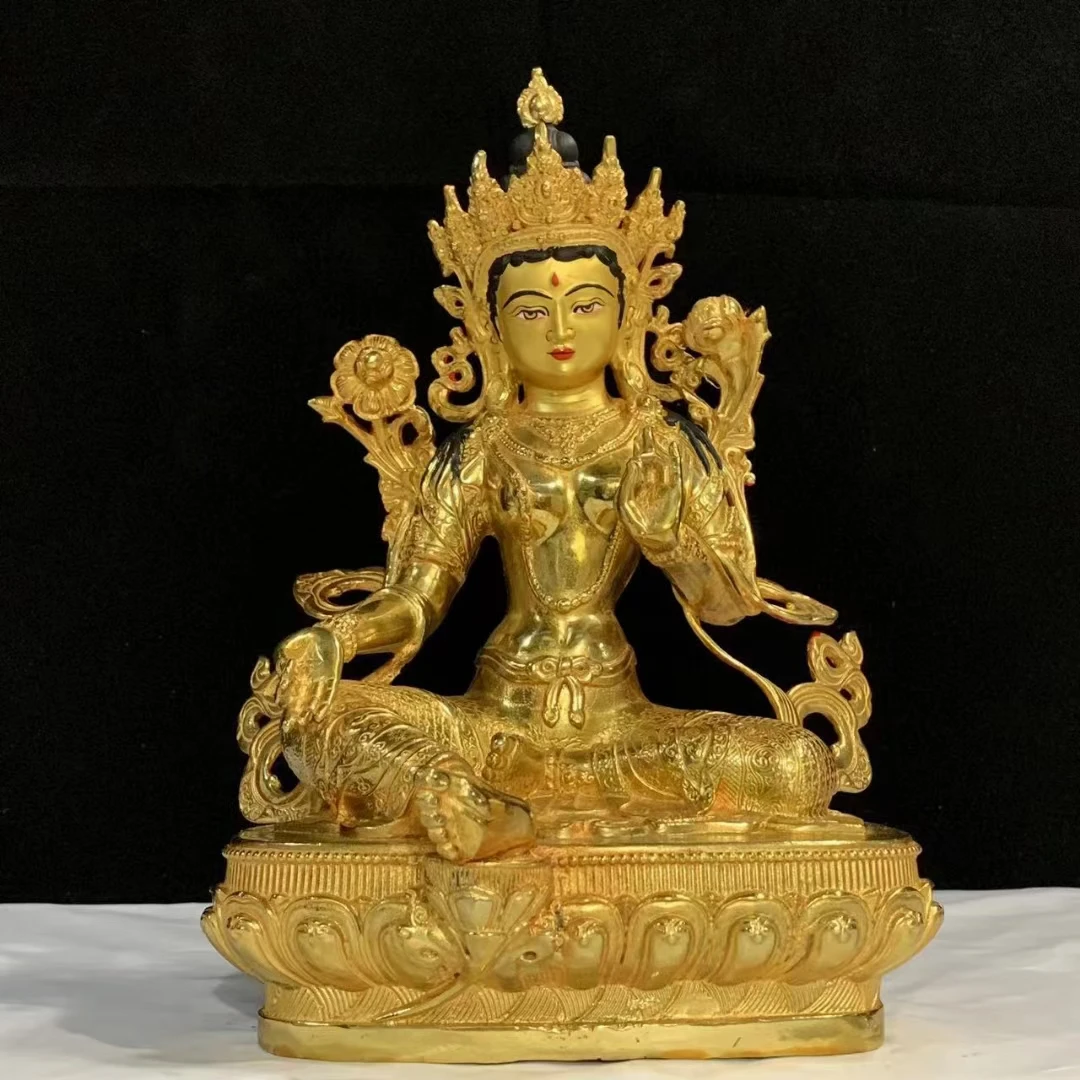 

Оптовая продажа статуй Будды 30 см, Золотая медная Зеленая Тара Гуань Инь, искусственный алтарь семьи, эффективная защита