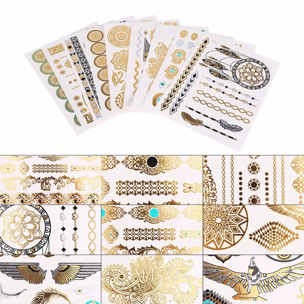

9Pcs/Set Tattoo Stickers Temporary Tattoo Disposable Metallic Golden Silver Black Flash Body Art Tattoo Sticker Supply Accessory