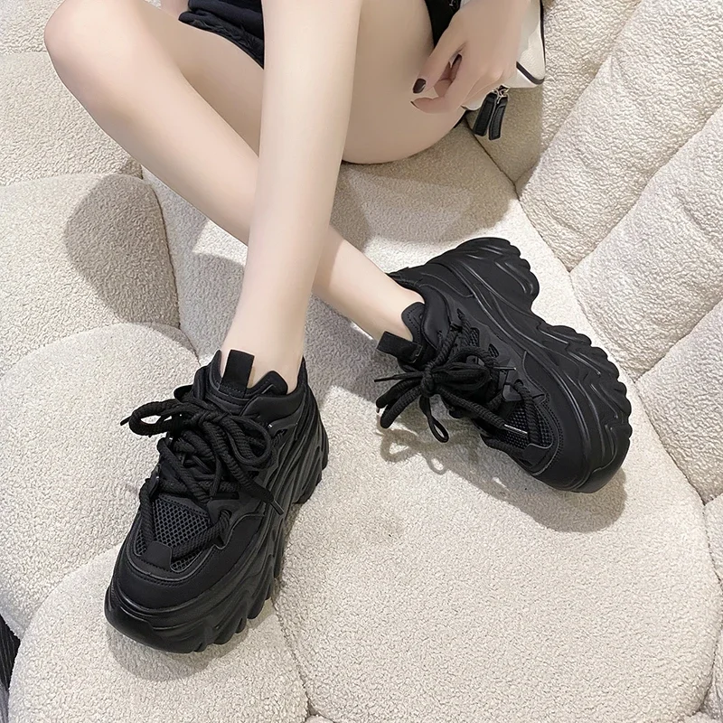 Hidden Heels White Chunky Sneakers Women Breathable Lace Up High Platform Shoes Woman 2025 Autumn Non-Slip Thick Bottom Sneakers 6