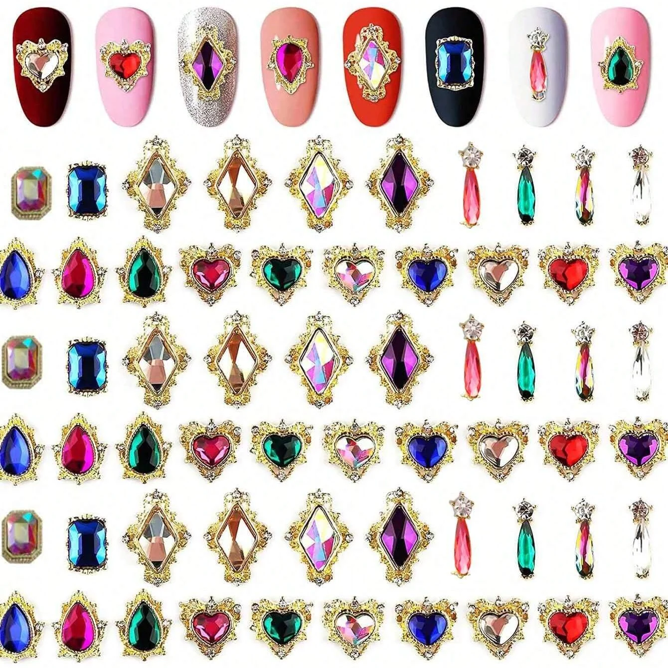 60pcs 네일 라인 석 네일 매력 하트 3D 빅 네일 보석 K9 유리 크리스탈 다이아몬드 빛나는 네일 매력 프리미엄 액세서리 *