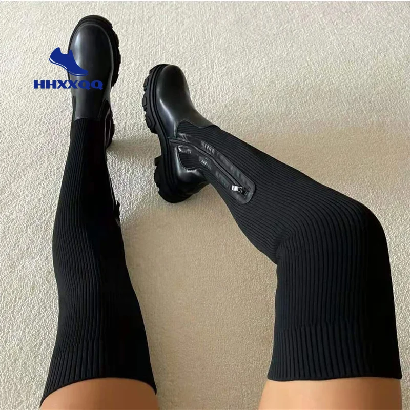 Vip Flats Shoes Thick Sole Boots Autumn Winter Breathable Knitting Upper Women Thigh High Boots Stretch Round Toe Black