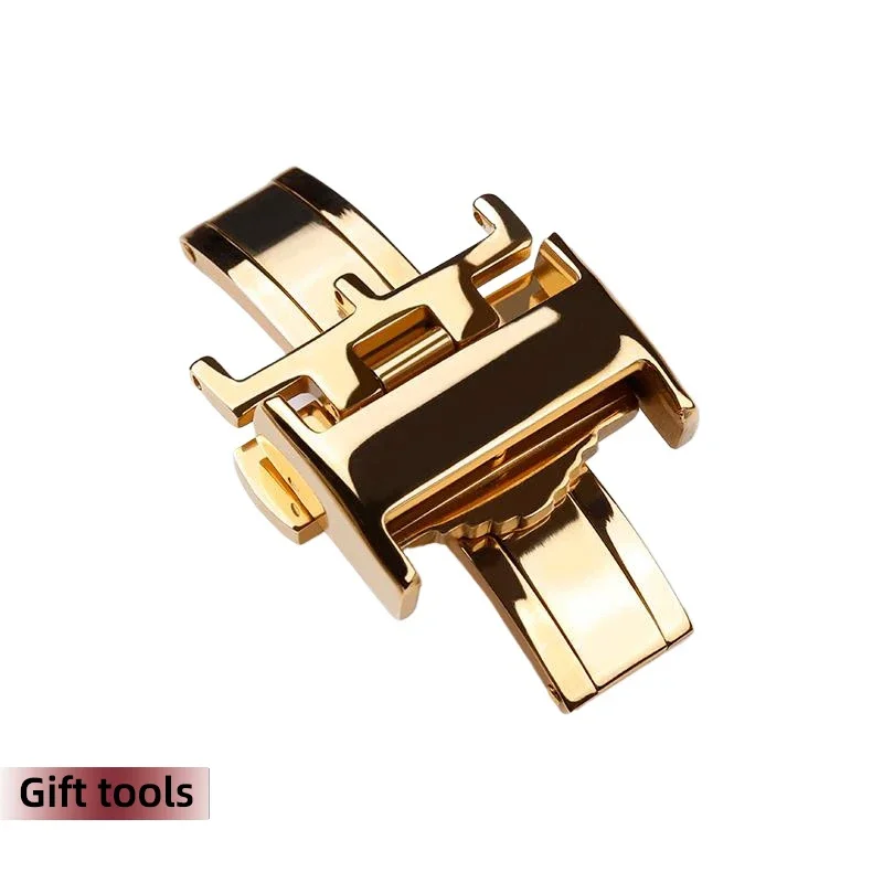 Rose Gold Stainless Steel Butterfly Buckle Double Button Watch Strap Clasp