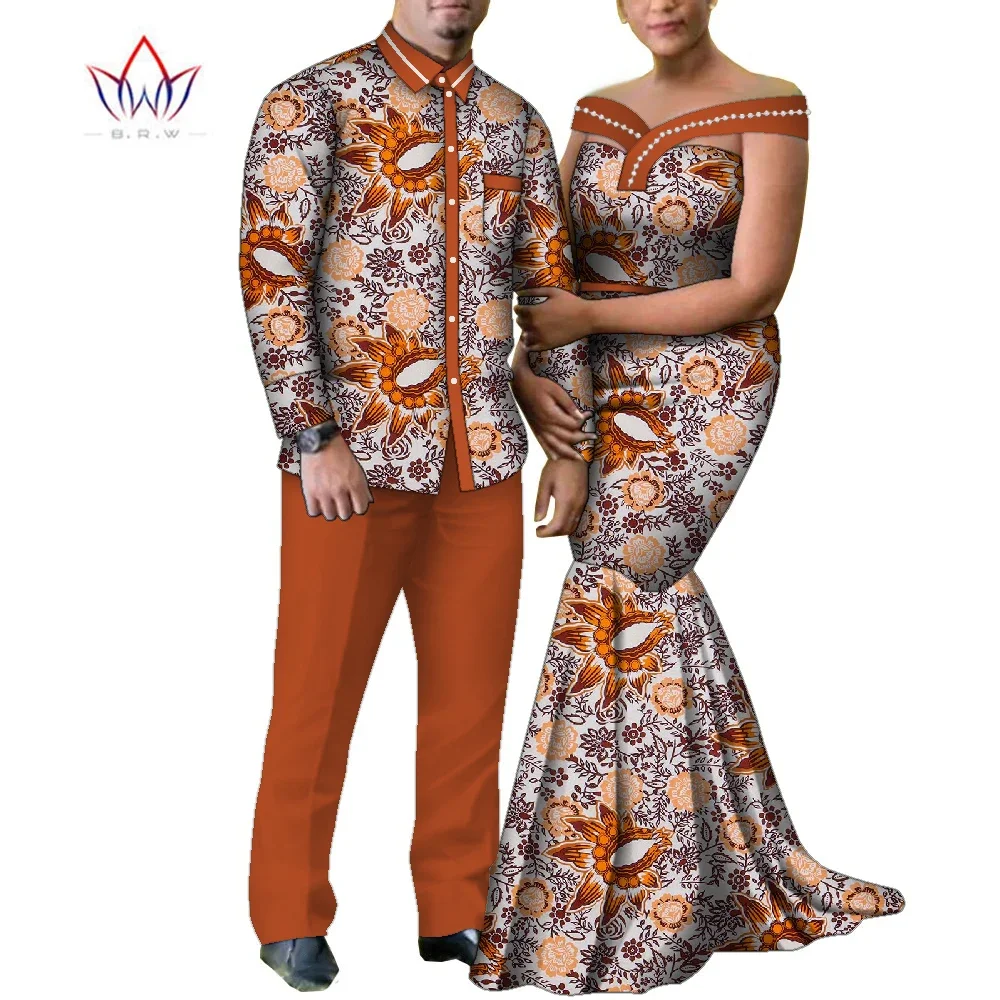 

Bintarealwax африканская парная одежда для влюбленных базин жемчужное длинное женское платье и мужские брюки комплекты женская свадебная одежда WYQ981