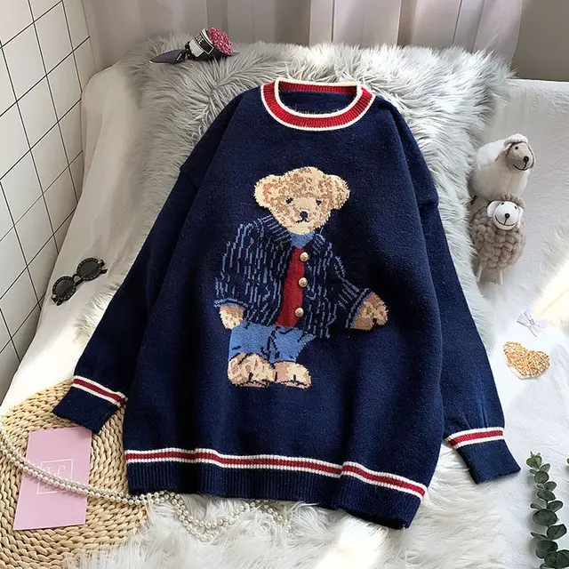 Korean Reviews Many Clothes Lazy Knitwear Bear Pullovers Youthful Woman 2024 New Collection Autumn Winter Warm Loose Jerseys 2