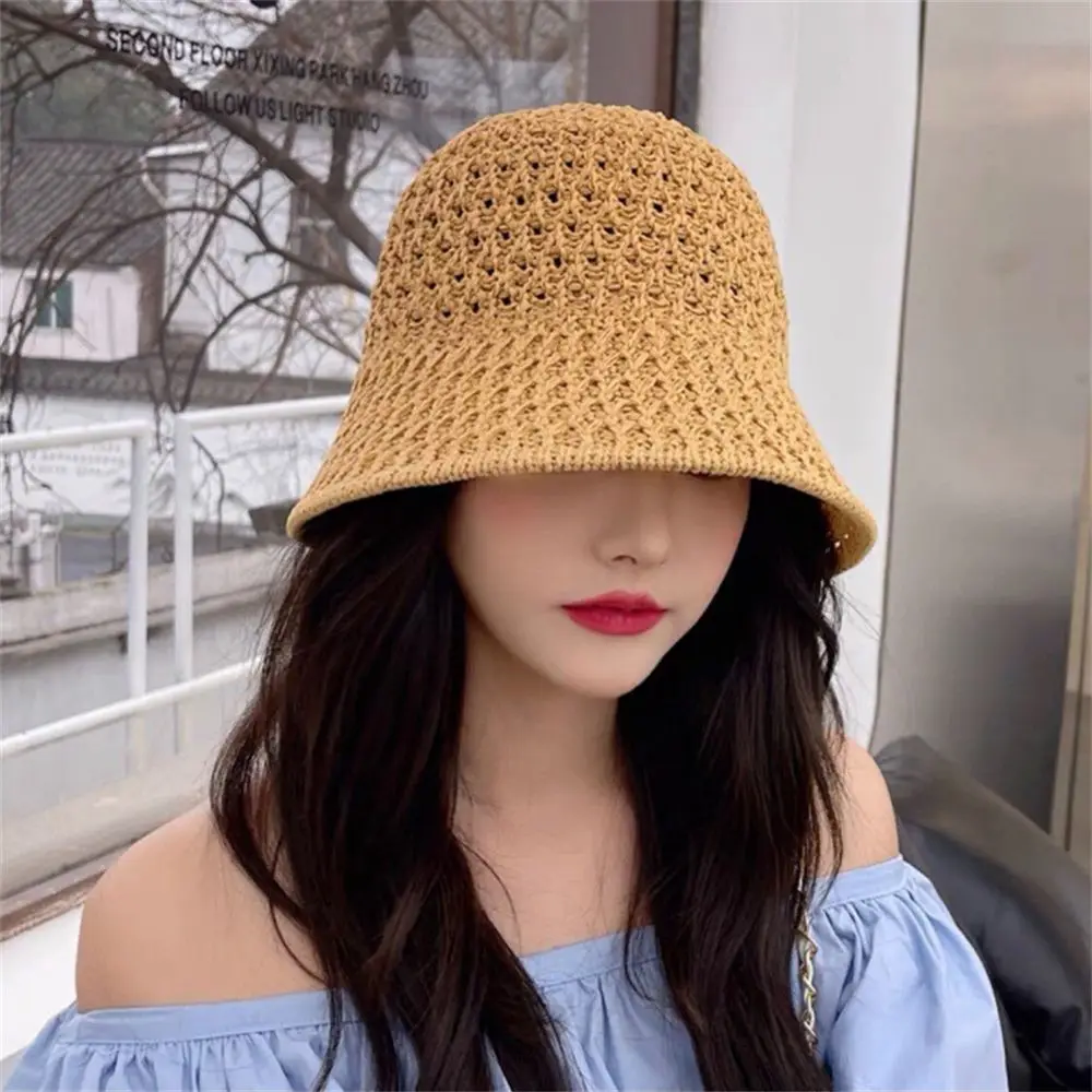 Solid Handmade Crochet Floppy Top Summer Hats For Women Hollow Out Knit Dome Bucket Hat Wide Brim Foldable Beach Caps