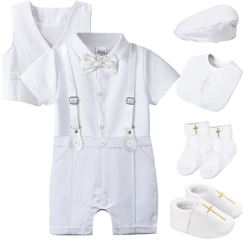 Baby Boys Baptism Outfit Infant Wedding Gentleman Set Christening Formal Birthday Party Suit Suspender Bow Tie Romper 1