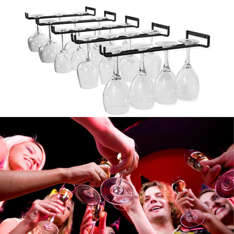 2PCS Iron Wine Glasses Hanging Holder Glass Rack Bartender Stemware Under Cabinet Stemware Organizer Bar Hanger Shelf Black 30CM 6