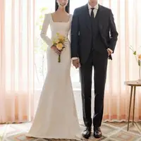 Elegant Mermaid Wedding Dresses With Long Sleeve Fashion Square Collar Simple Vestidos 2024 New Satin Bridal Dress Customized 1