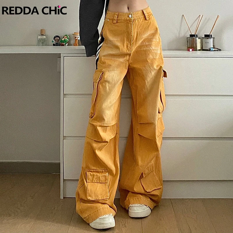 

Джинсы-карго REDDACHIC Pintuck мужские с большими карманами, мешковатые джинсы в стиле хип-хоп с бахромой, повседневные брюки с широкими штанинами, винтажная одежда в стиле Харадзюку Y2k