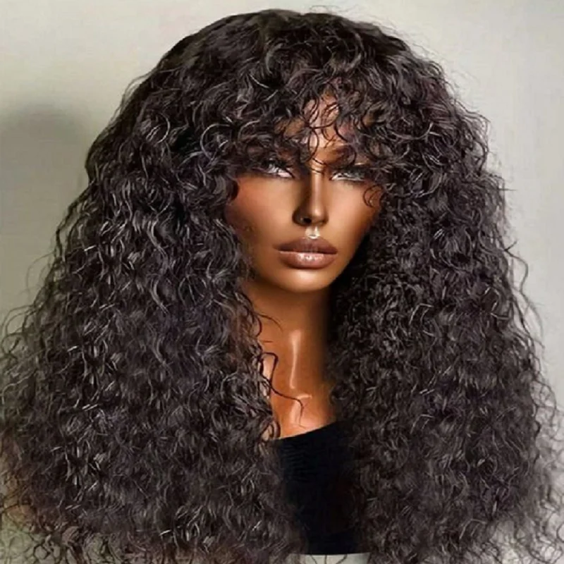 

Soft Preplucked Glueless Long 180%Density 26 inch Kinky Curly Black Machine Wig With Bangs For Women Heat Resistant Daily