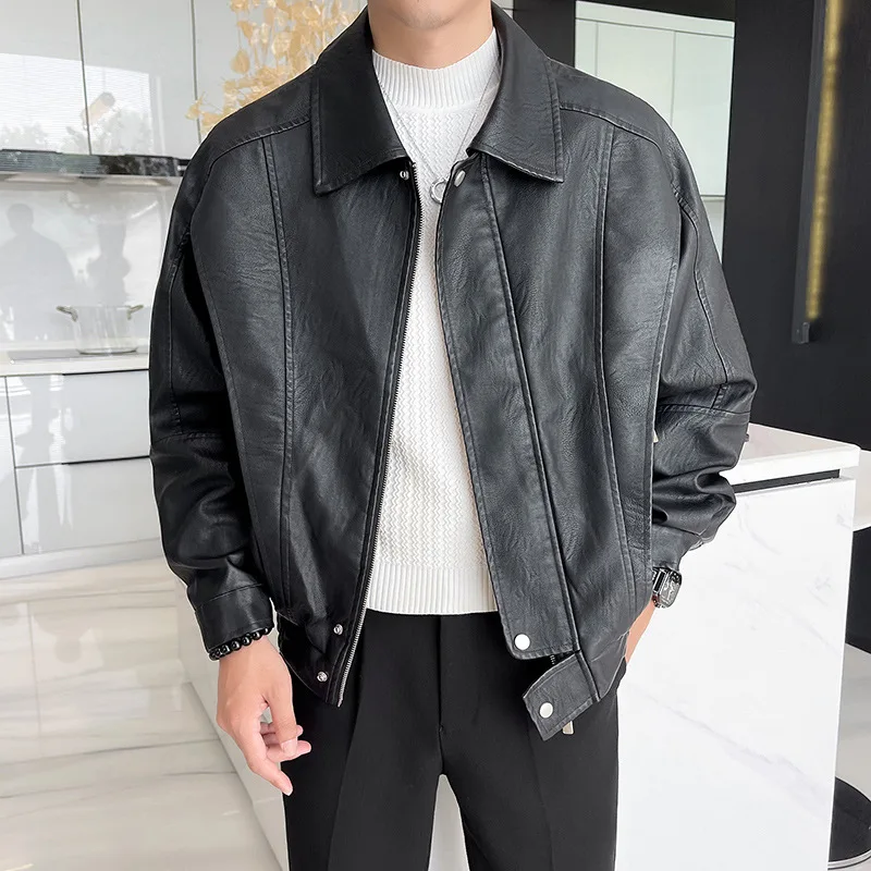 2023 winter short pu leather with plush thick coat men's autumn  trendy brand loose luxurious pilot motorcycle jacket