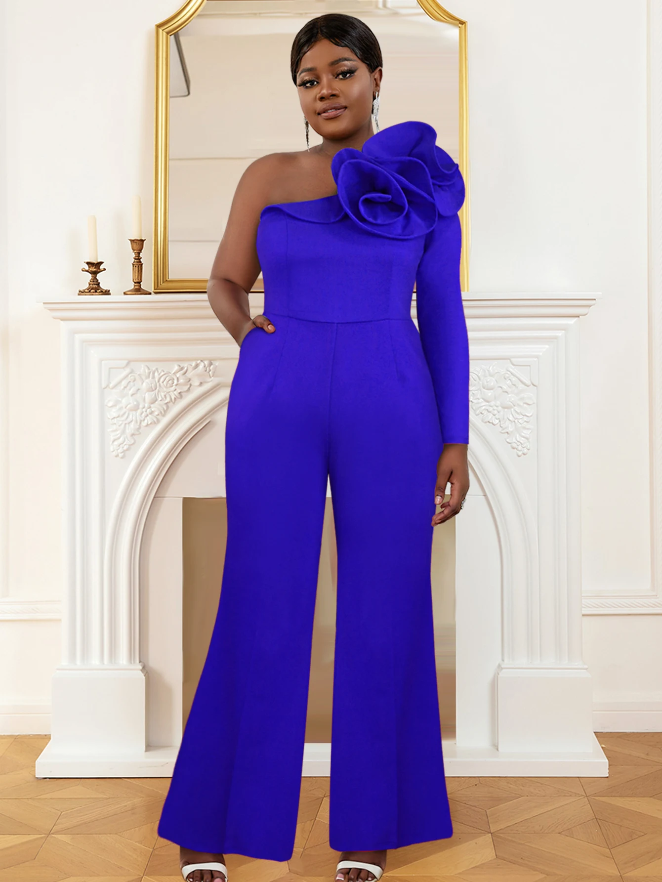 OneShoulderJumpsuitsElegantRuffleFlowerWideLegLongPantsRomperswithPocketsSummer