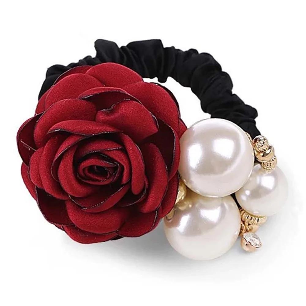 1PC Mode Stil Große Rose Blume Haar Bands Perle Strass Elastische Haar Seil Für Frauen Mädchen Gummi Ring Haar zubehör – Detail 3