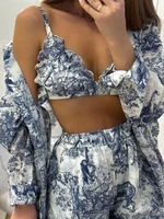 Mumaroho 2024 Spring Summer Women Holiday Shorts Set Loose Fit Long Sleeve Outfit 3 Piece Matching Sets For Women - Image 3