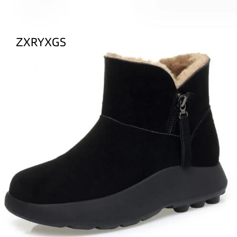

ZXRYXGS Temperament Trend Winter Snow Boots 2023 New Frosted Cowhide with Plush Wool Boots Flat Wedges Non-slip Women Snow Boots