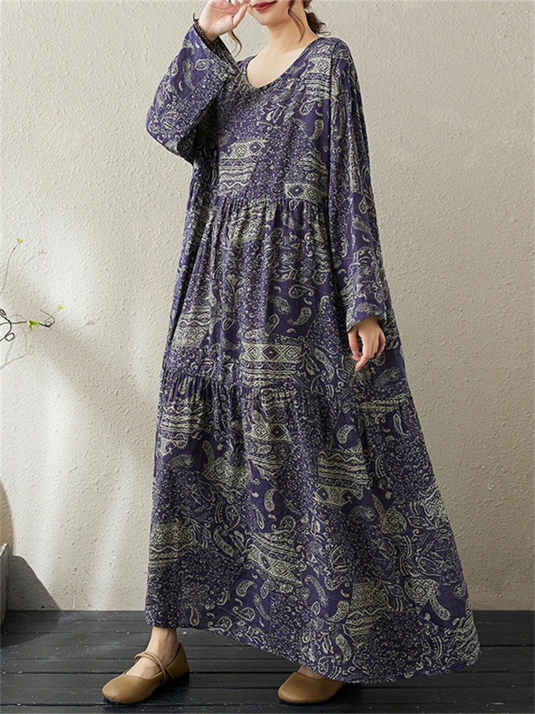 2025 Spring Autumn Cotton Vintage Print Dresses Women Casual Loose Long Sleeve Yellow Dress Femme Robe Vestidos Fashion Clothing