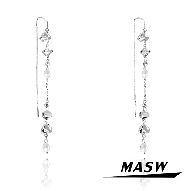 MASW Original Design Jewelry Multi Layers High Quality Brass Thick Silver Plated Irregular Bead Dangle Earrings For Women 2023