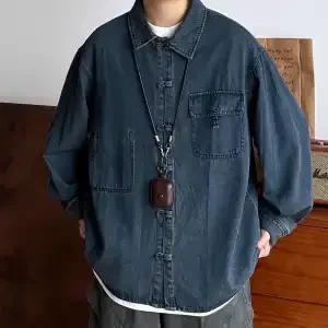 Retro-Langarm-Jeanshemd für Herren, waschbar und altes Revers, vielseitige Hemdjacke – Detail 5