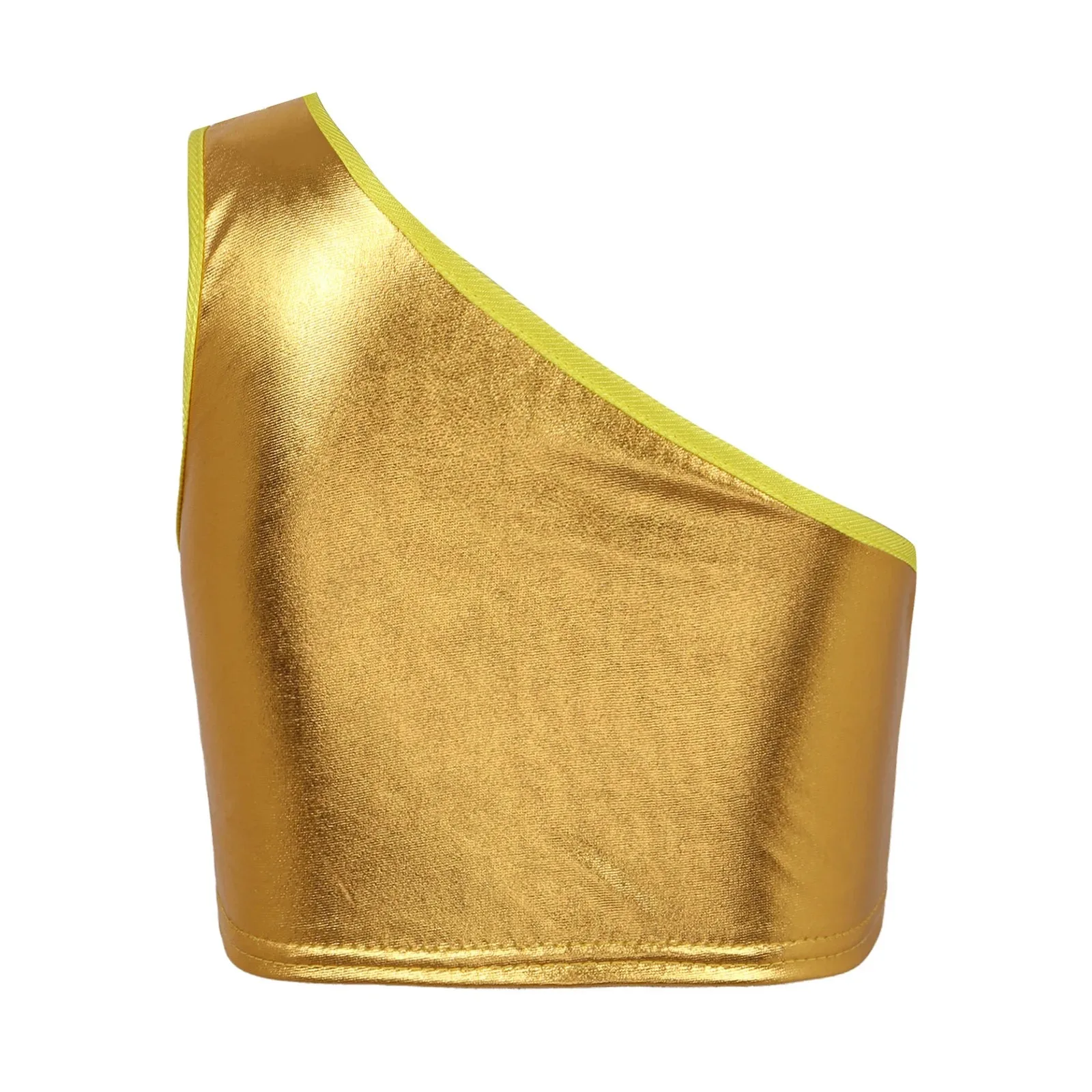 Kids Girls Boys Dance Performance Tops Single Shoulder Slant Shoulder Sleeveless Shiny Metallic Crop Vest Solid Color Costumes