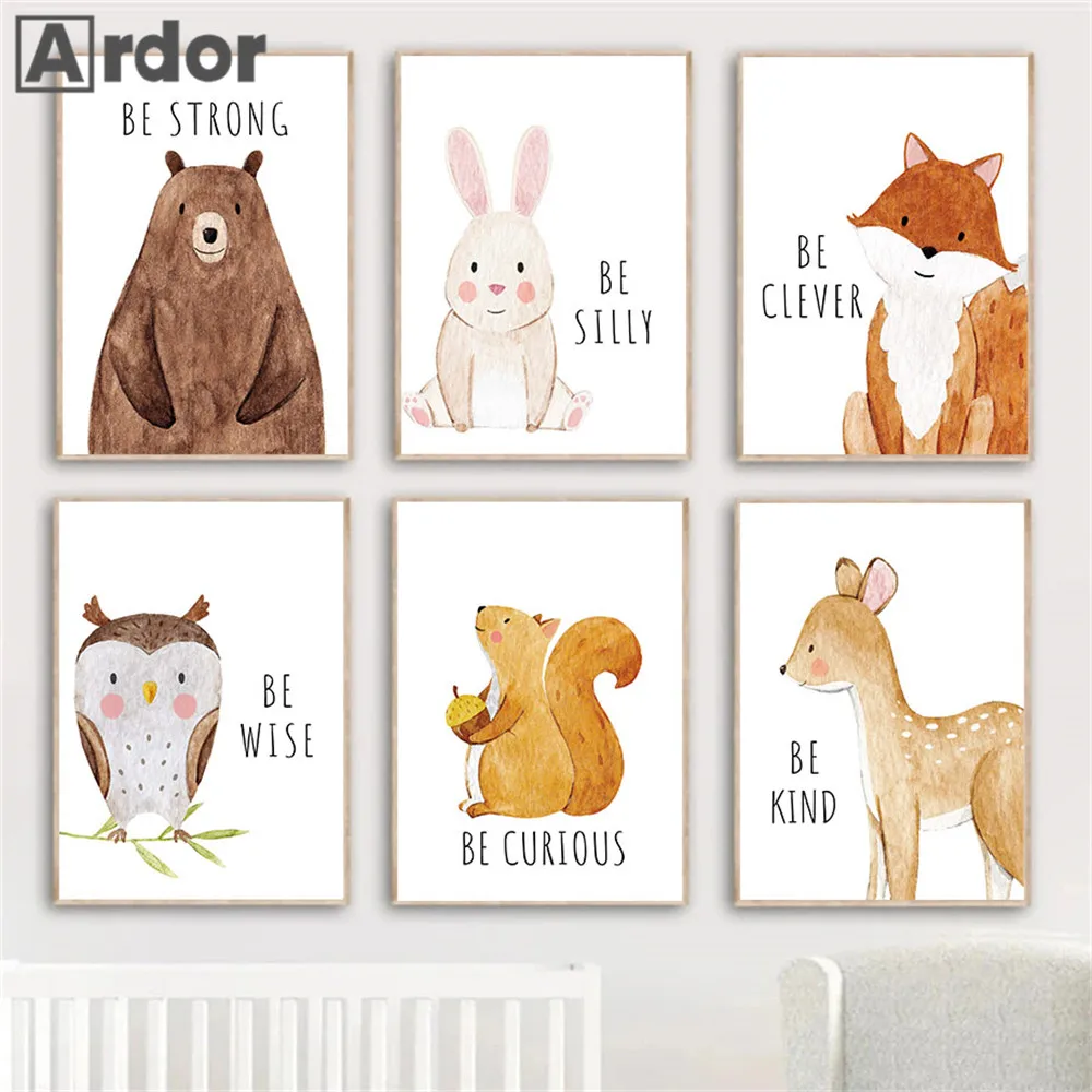 

Fox Rabbit Bear Wall Art Painting Nursery Canvas Print Owl Deer Posters Nursery Art Prints Nordic Wall Pictures Kids Room Decor